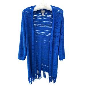 CHICO’S TRAVELERS | Blue Open Knit Cardigan Sweater Fringe Hem | Size 2 Large